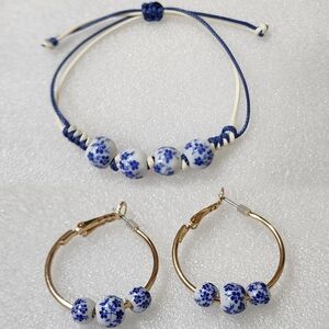 Blue and White Floral Chinoiserie Hoop Earrings and Bracelet Set